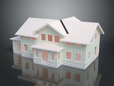 Two Story Light Green Detached Villa With White Sloped Roof Multiple Windows And Front Porch 3d model