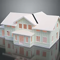 Two Story Light Green Detached Villa With White Sloped Roof Multiple Windows And Front Porch