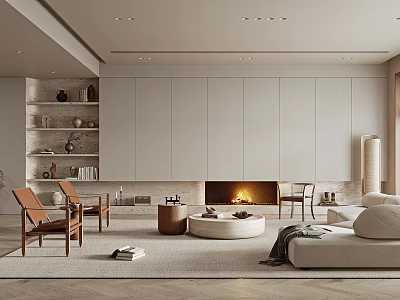 Modern Living Room Interior Design With White Cabinets Fireplace Wooden Chairs Sofa And Rug 3d model