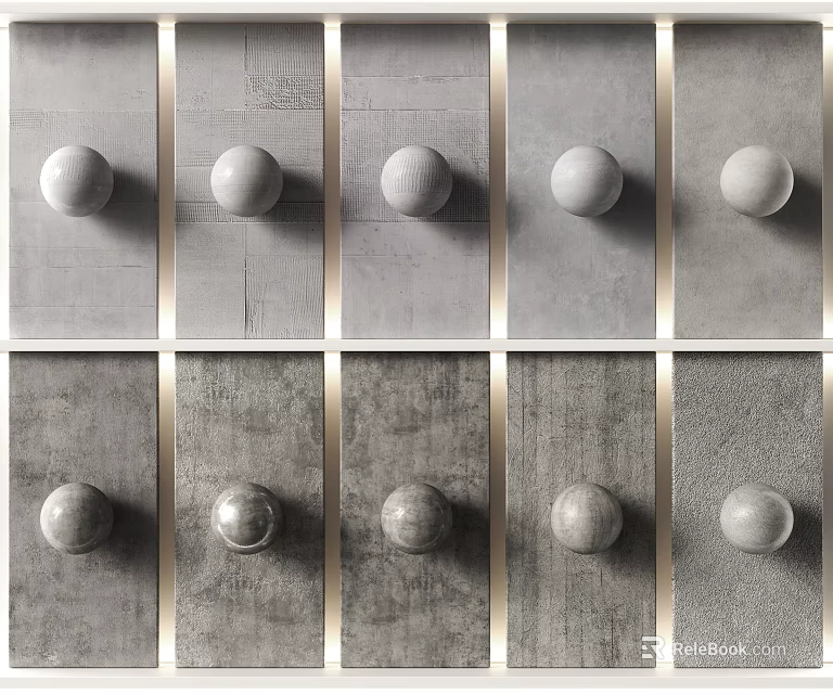 Gray Wall With Gold Lines Divided Into Rectangular Sections Each Having Circular Metallic Stone Ornaments 3d model