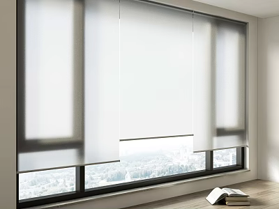 White Roller Blinds For Floor To Ceiling Windows With City View In Bright Wooden Floor Room 3d model