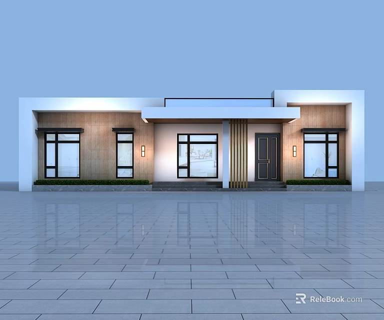 Modern Detached Villa Exterior With Large Windows Wooden Siding Front Door And Outdoor Lights 3d model 