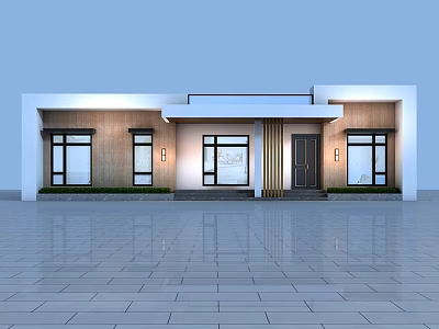 Modern Detached Villa Exterior With Large Windows Wooden Siding Front Door And Outdoor Lights 3d model