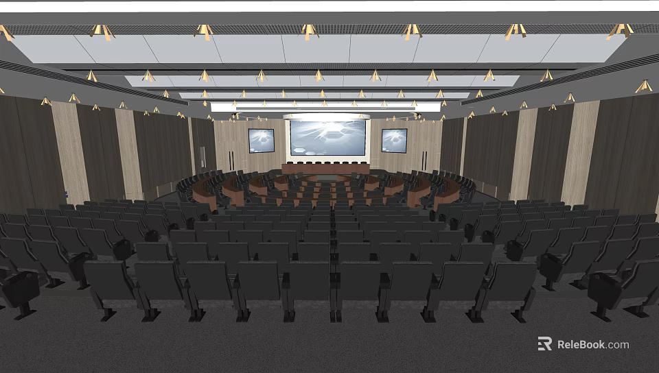 Modern Conference Room Interior With Large Projection Screen And Auditorium Seating 3d model 