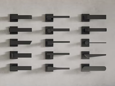 Neatly Arranged Multiple Black Metal Door Handles With Modern Minimalist Designs 3d model