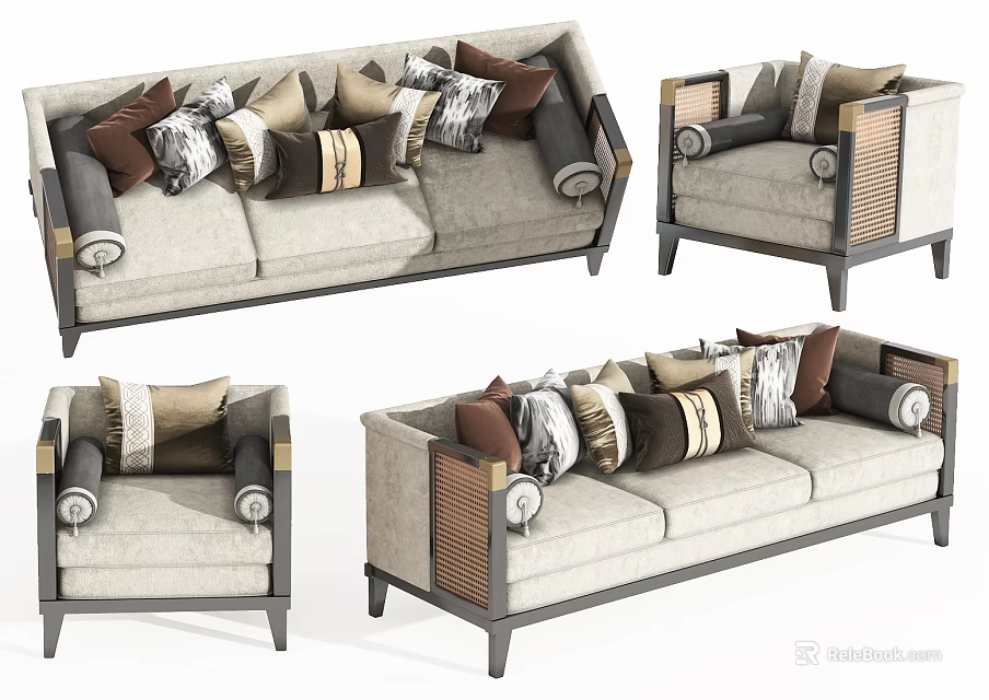 Stylish Sofa Set With Woven Armrests Mixed Pattern Pillows And Beige Fabric 3d model