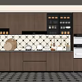Modern Kitchen Interior Design With Brown Cabinets Black And White Patterned Tiles Countertop And Appliances