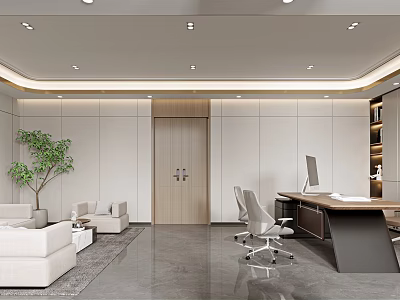 Modern Office Interior With White Sofa Wooden Door Desk And Green Plant 3d model