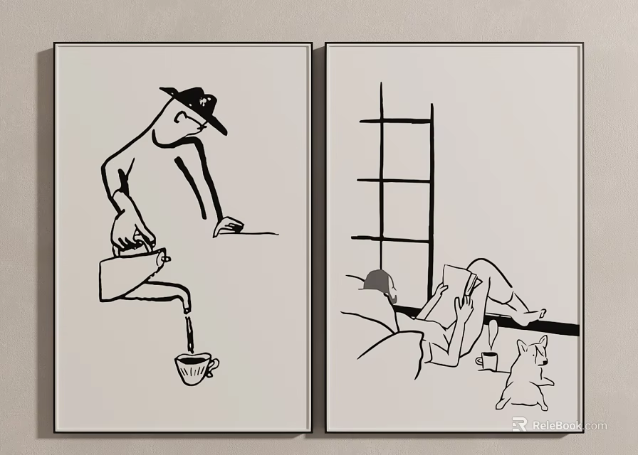 Black And White Line Art Prints With Human Figures Cat And Daily Scenes 3d model 