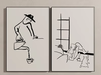 Black And White Line Art Prints With Human Figures Cat And Daily Scenes 3d model