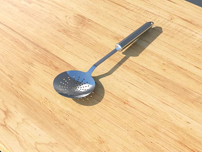 Durable Stainless Steel Slotted Spoon Kitchen Utensil on Wooden Tabletop 3d model