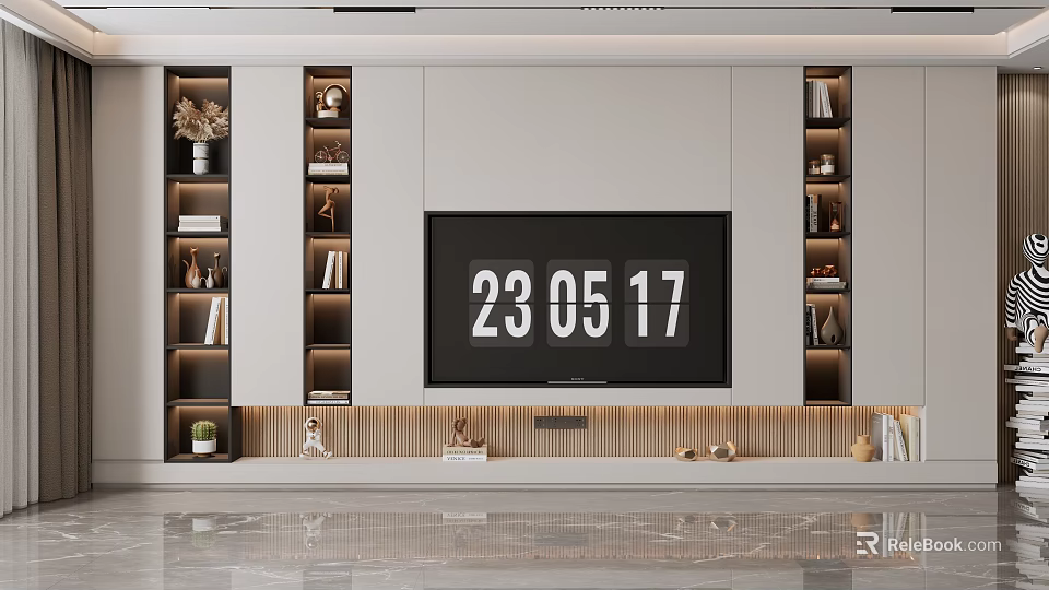 Modern Minimalist TV Wall Design With Symmetric Shelves Decorative Items And Wooden Base 3d model 