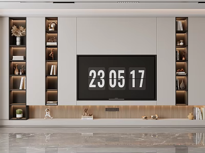 Modern Minimalist TV Wall Design With Symmetric Shelves Decorative Items And Wooden Base 3d model