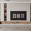 Modern Minimalist TV Wall Design With Symmetric Shelves Decorative Items And Wooden Base