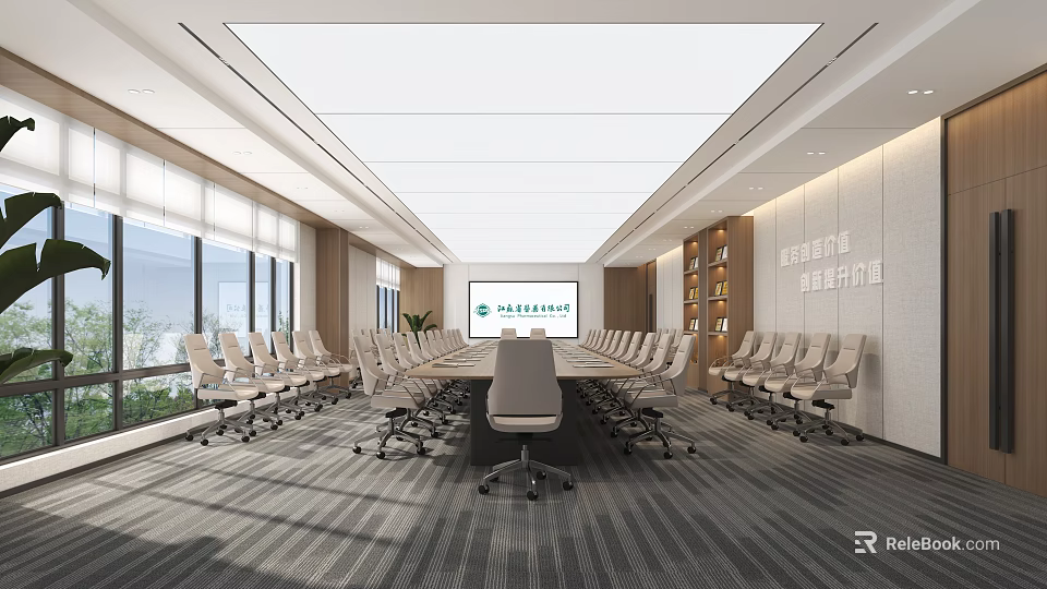 Modern Spacious Conference Room With Large Table Rolling Chairs And Projection Screen 3d model