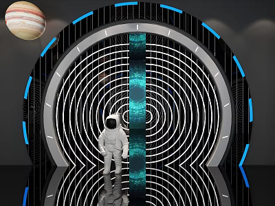 Astronaut Standing In Futuristic Portal With Blue Lights Circular Structure And Jupiter 3d model