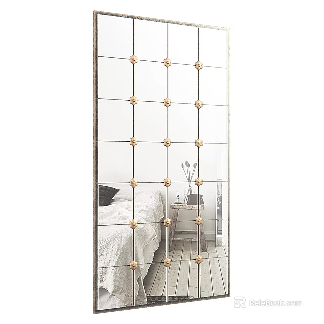 Full Length Grid Design Mirror With Golden Decorative Balls In Bedroom Setting 3d model 