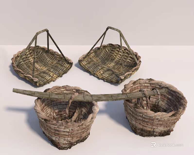 Traditional Handwoven Wicker Baskets with Square Shapes and Pole Handle Design 3d model 