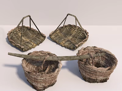 Traditional Handwoven Wicker Baskets with Square Shapes and Pole Handle Design 3d model