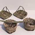 Traditional Handwoven Wicker Baskets with Square Shapes and Pole Handle Design