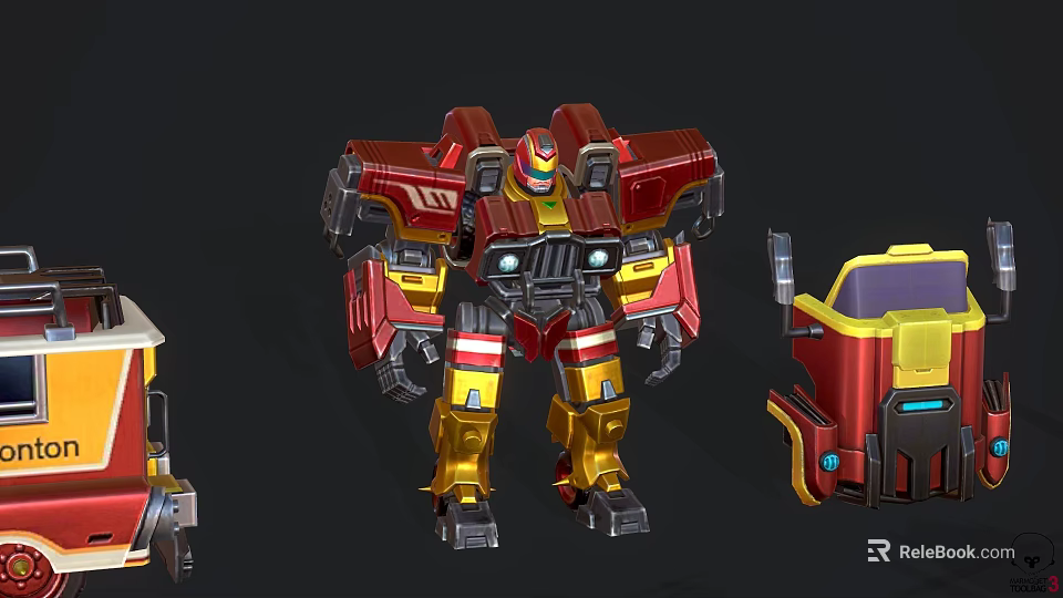 Red Yellow Black Robot Character With Mechanical Parts And Vehicle Components 3d model 