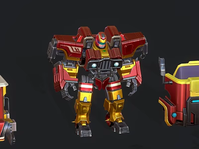Red Yellow Black Robot Character With Mechanical Parts And Vehicle Components 3d model