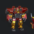 Red Yellow Black Robot Character With Mechanical Parts And Vehicle Components
