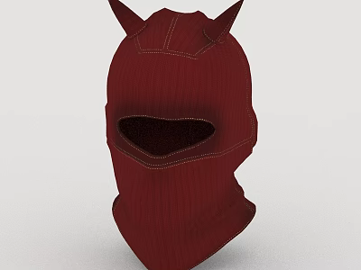 Red Knitted Horned Hat with Full Head Coverage and Face Opening Design 3d model