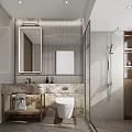 Modern Bathroom Interior With Marble Countertop Large Mirror Toilet Shower Area And Wooden Shelves