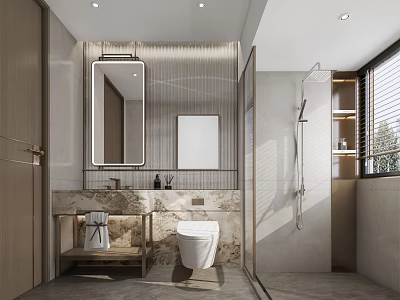 Modern Bathroom Interior With Marble Countertop Large Mirror Toilet Shower Area And Wooden Shelves 3d model