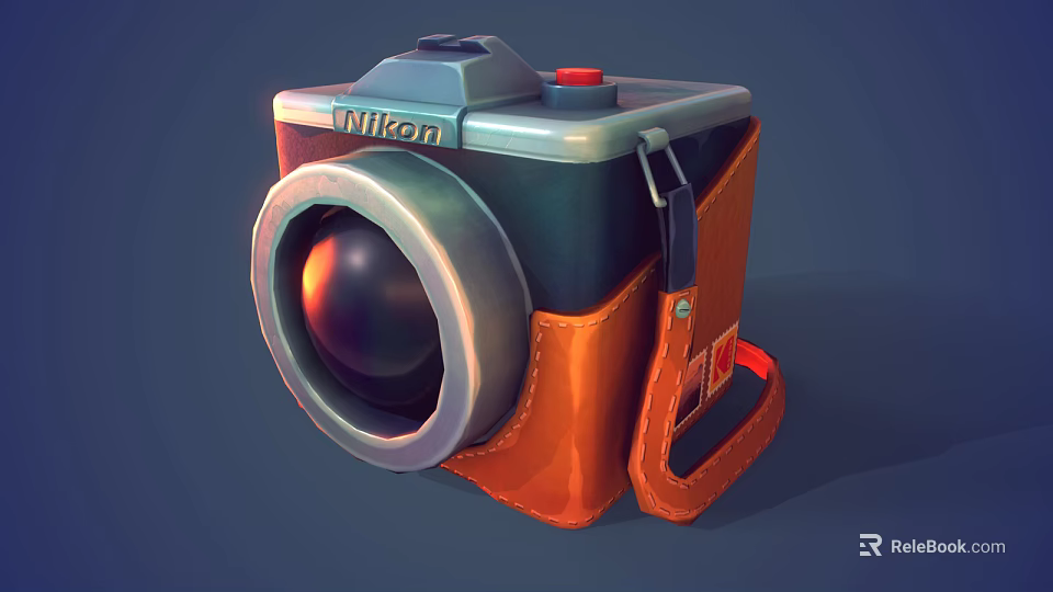 Nikon Digital Camera With Orange Leather Case Silver Black Body And Red Top Button 3d model