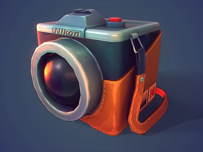 Nikon Digital Camera With Orange Leather Case Silver Black Body And Red Top Button 3d model