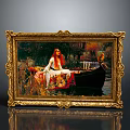 Golden Framed Decorative Painting with Red Haired Woman on Boat Scenic Design