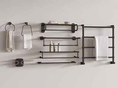 Bathroom Accessories Black Metal Towel Racks Wall Mounted Storage Shelves With Hanging Towels And Toiletries 3d model