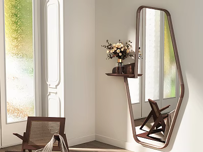 Irregular Shaped Wall Mirror With Wooden Shelf Vase Flowers Window And Chair 3d model