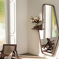Irregular Shaped Wall Mirror With Wooden Shelf Vase Flowers Window And Chair