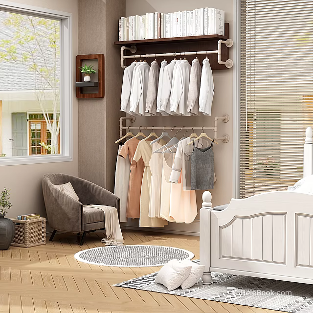Organized Hanging Clothes in Bedroom with Pastel Dresses White Shirts and Clothing Rack 3d model 