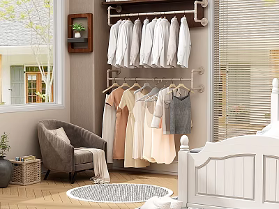 Organized Hanging Clothes in Bedroom with Pastel Dresses White Shirts and Clothing Rack 3d model