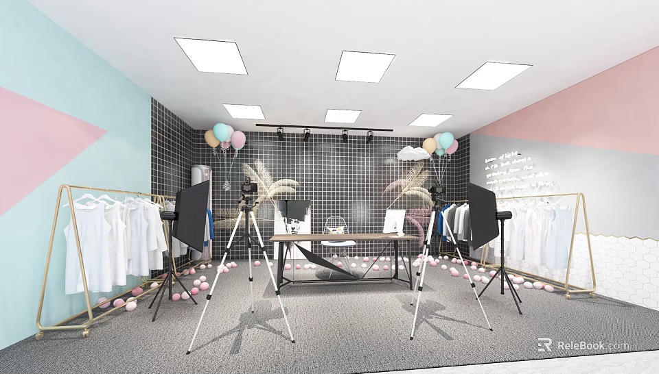 Modern Public Office Space With Open Layout Desks And Decorative Balloons 3d model 
