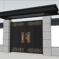 Black Entrance Gate With Gray Walls Eaves Metal Decorations And Trees Around