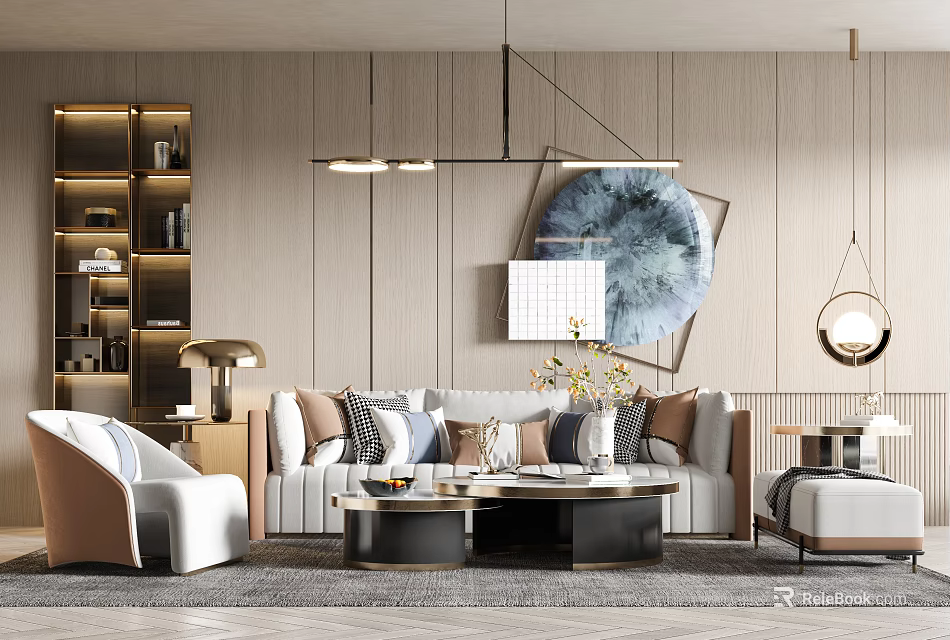 Modern Sofa Coffee Table Set With Light Colored Upholstery Throw Pillows And Round Mirror Decor 3d model