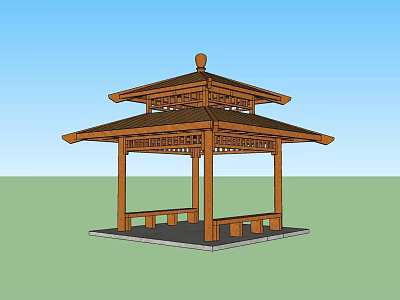 Chinese Style Wooden Pavilion With Traditional Roof And Decorative Elements 3d model