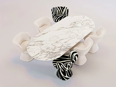 Modern Dining Table Set With Oval White Marble Top And Zebra Print Chairs 3d model