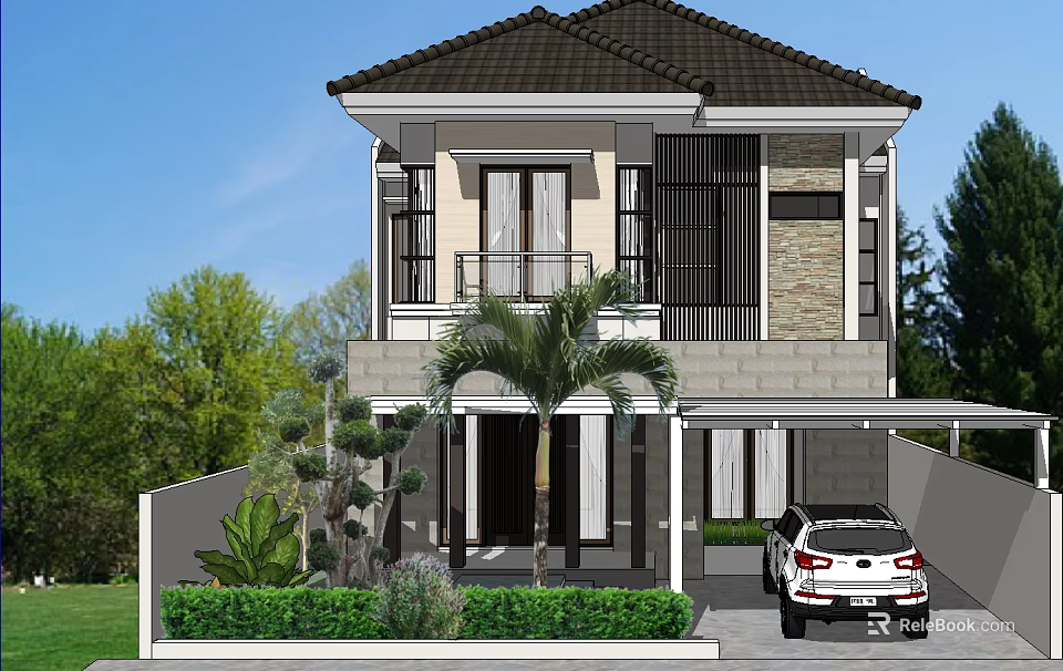 Modern Two Story Detached Villa With Landscaped Garden Palm Trees And Parking Area 3d model 