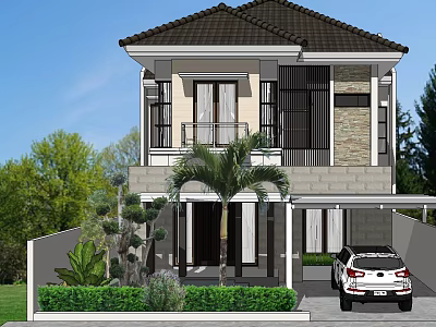 Modern Two Story Detached Villa With Landscaped Garden Palm Trees And Parking Area 3d model