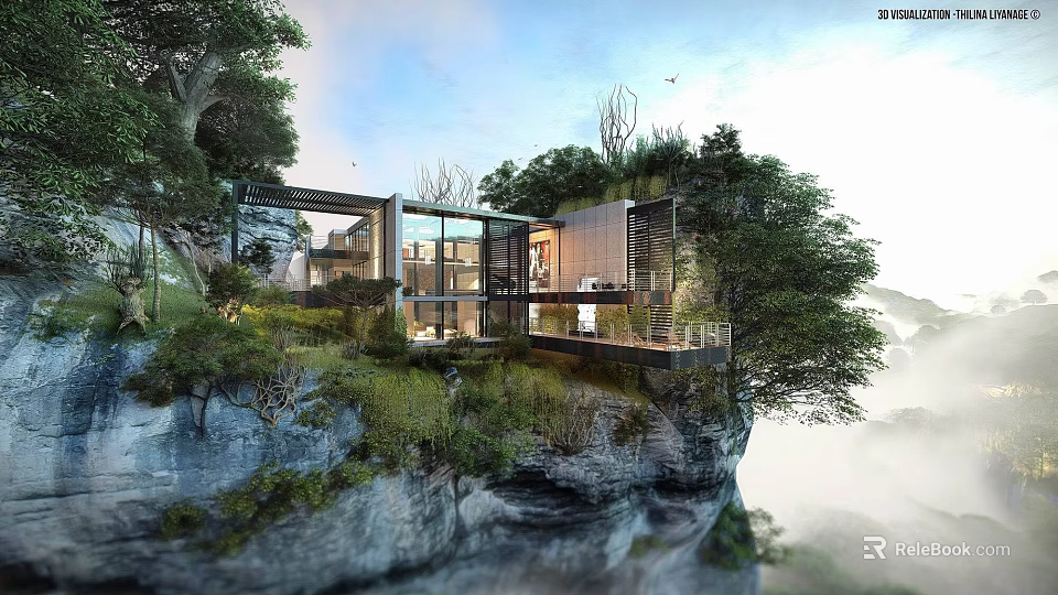 Cliffside Detached Villa With Modern Design Large Glass Windows And Surrounding Greenery 3d model 