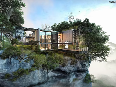 Cliffside Detached Villa With Modern Design Large Glass Windows And Surrounding Greenery 3d model