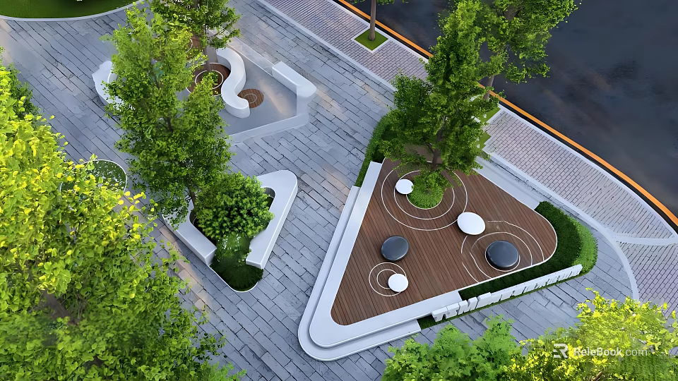 Modern Urban Park Landscape With Trees Circular Tables Paved Ground And Curved Seating Areas 3d model 