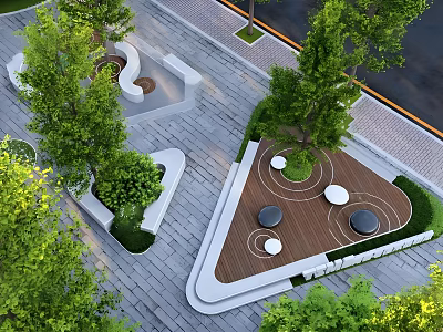 Modern Urban Park Landscape With Trees Circular Tables Paved Ground And Curved Seating Areas 3d model