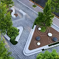 Modern Urban Park Landscape With Trees Circular Tables Paved Ground And Curved Seating Areas